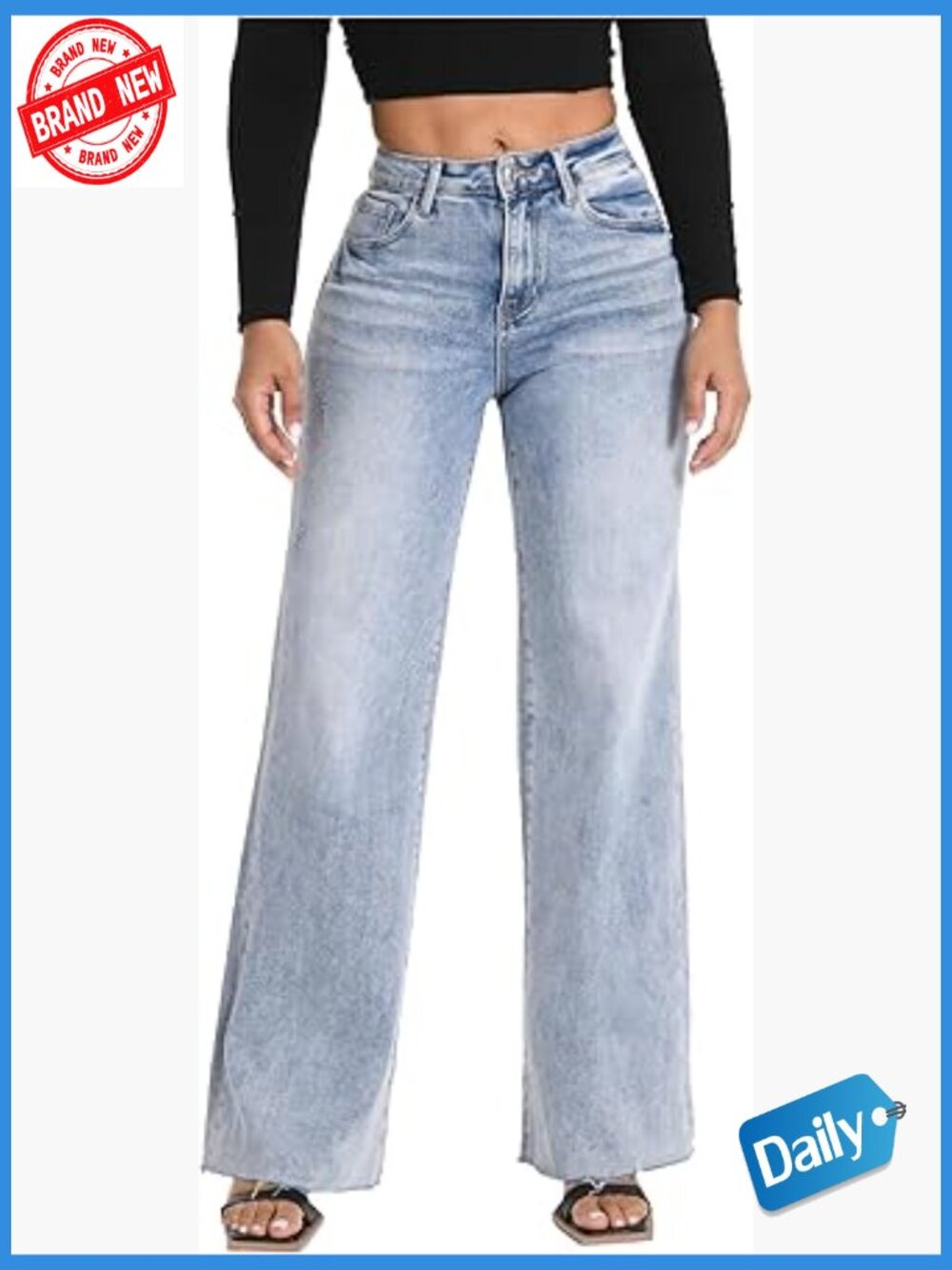 High Waisted Wide Leg Jeans Stretchy Baggy Denim Tummy Control Raw Hem
